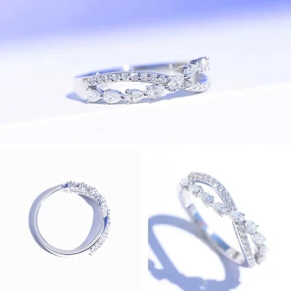 NEW 14k White Gold Diamond Ring Dainty Criss Cross Ring Band - Picture 4 of 4